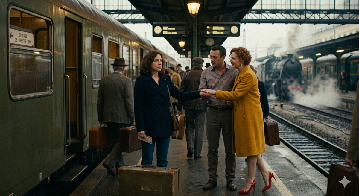 Света и Игорь провожают Марину в саноторий. Фото сгенерировано с помощью ии. 