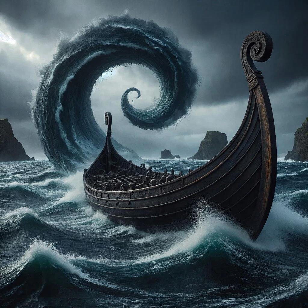 Мальстрём у берегов Норвегии. Скандинавские моряки объясняли водовороты дыханием морского змея, который вращался под водой.