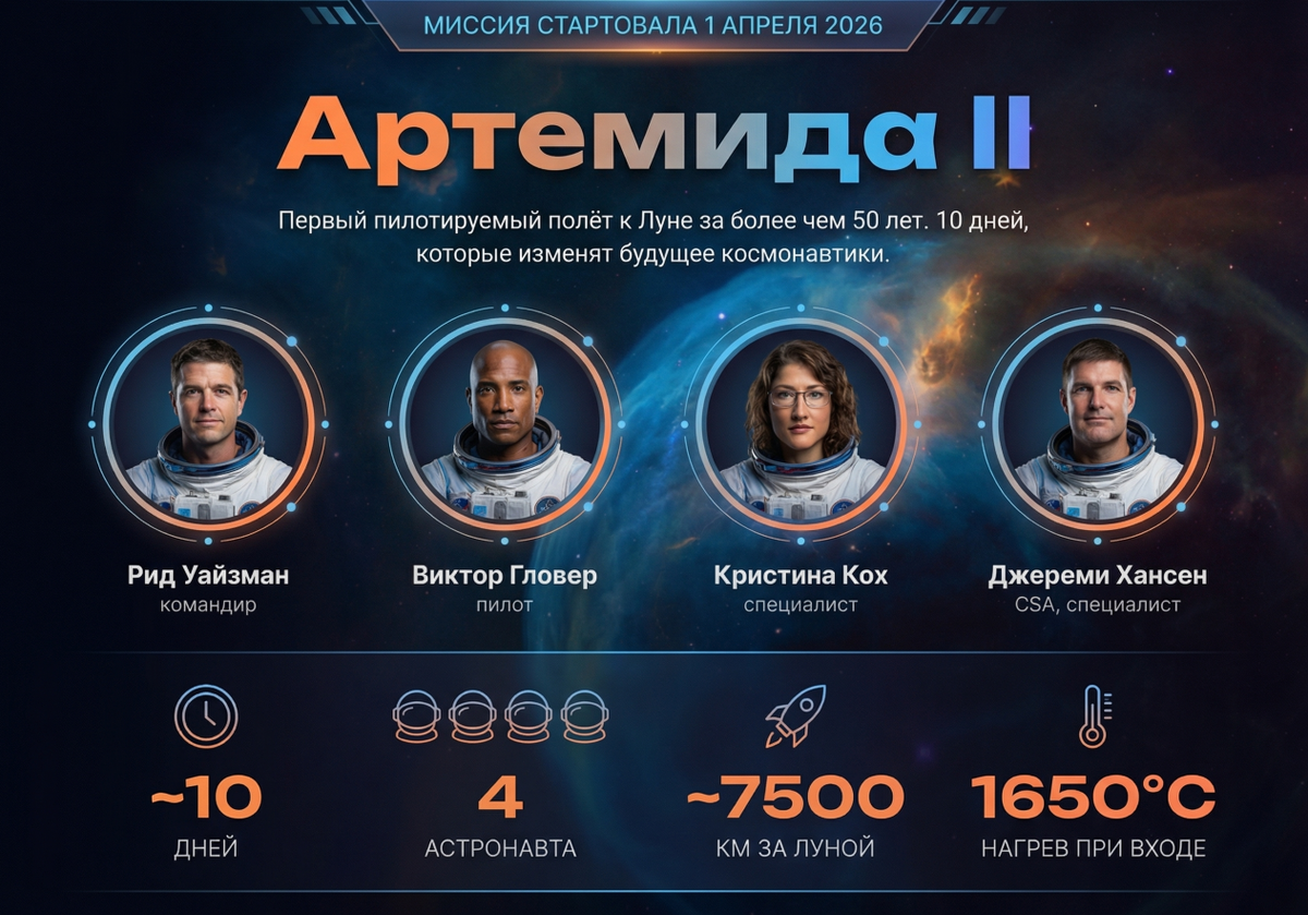 Инфографика миссии Artemis II: ключевые параметры первого пилотируемого полета к Луне в XXI веке, состав экипажа и рекордная дальность полета космического корабля