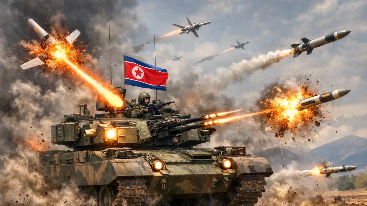    Северокорейский танк борется с противотанковыми средствами. Изображение сгенерировано искусственным интеллектом.