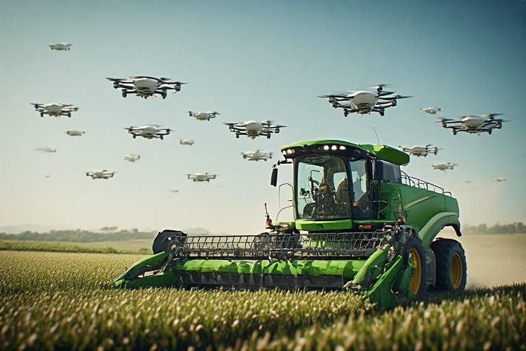 Поле будущего: как рой дронов и беспилотный комбайн работают в паре.