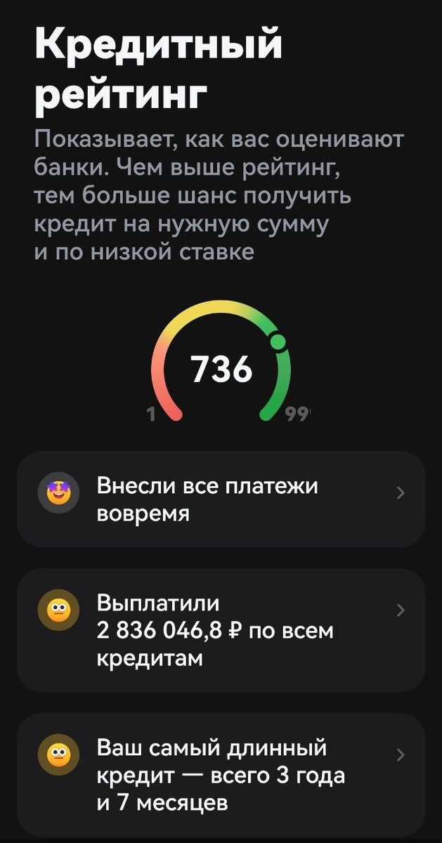 Пример кредитного рейтинга и всех выплат по кредитам. Чем больше выплатили за всю жизнь, тем выше шанс получить новый кредит, если показатели находятся в "зеленой зоне" и низкая кредитная нагрузка.