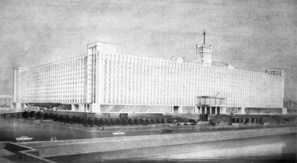 Проект гостиницы в Зарядье (вариант). Перспектива. Архитекторы Д. Н. Чечулин и др. 1958 г.