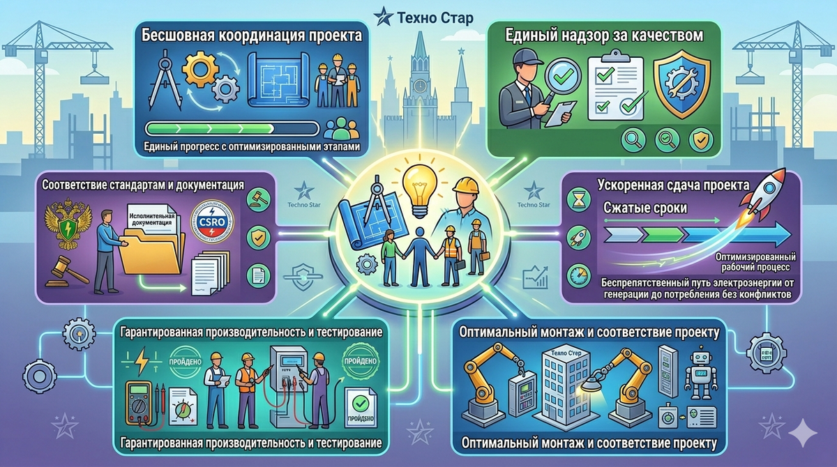 Преимущества работы с одним подрядчиком на проектирование и монтаж ЭОМ