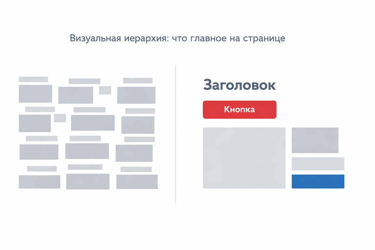 Слева — хаос без иерархии. Справа — чёткая структура: заголовок, кнопка, детали
