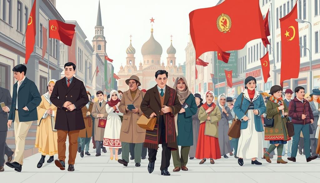    Иллюстрация многонациональной среды жизни в Советском Союзе в 20-м веке, представляющая людей разных национальностей, работающих вместе в городском пейзаже.