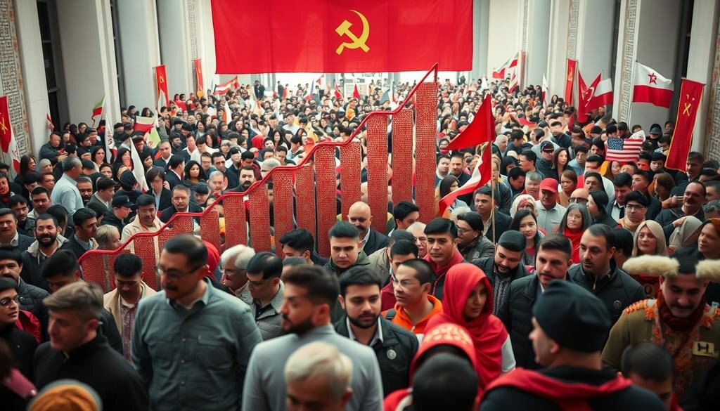    Визуальное представление демографического роста в Советском Союзе с яркими толпами людей разных этнических групп, отмечающих культурное разнообразие.