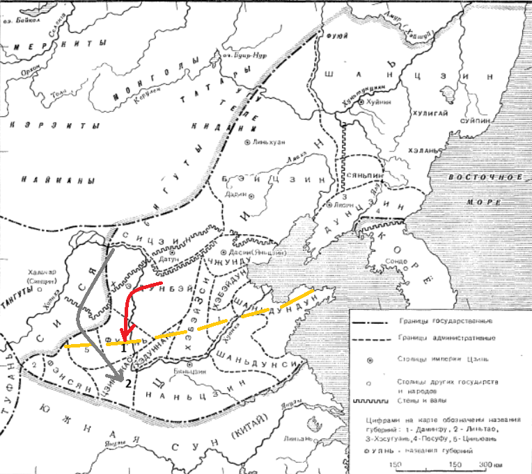 Кампания 1230-1231 гг. Золотой пунктир -северная граница Цзинь. 1 - Фэнсян. 2 - Тунгуань. Красным - основная группировка Угедэя. Серым - Субедэй.