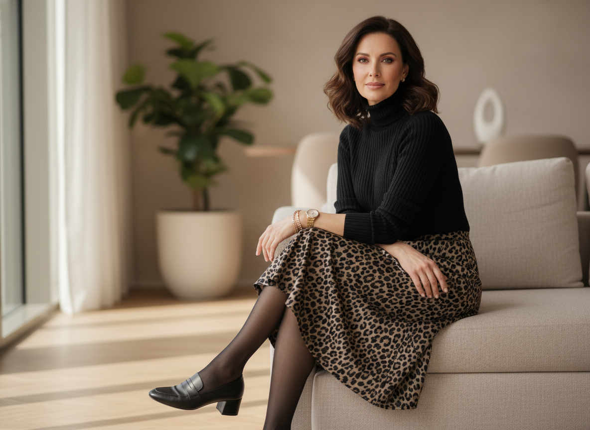 Женщина сидит на бежевом диване в леопардовой миди-юбке и черной водолазке, спокойная уверенная поза