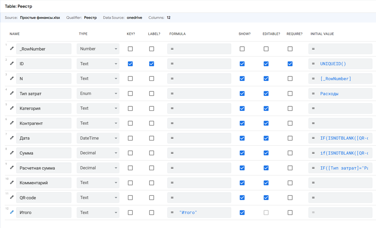 Пример настройки таблицы