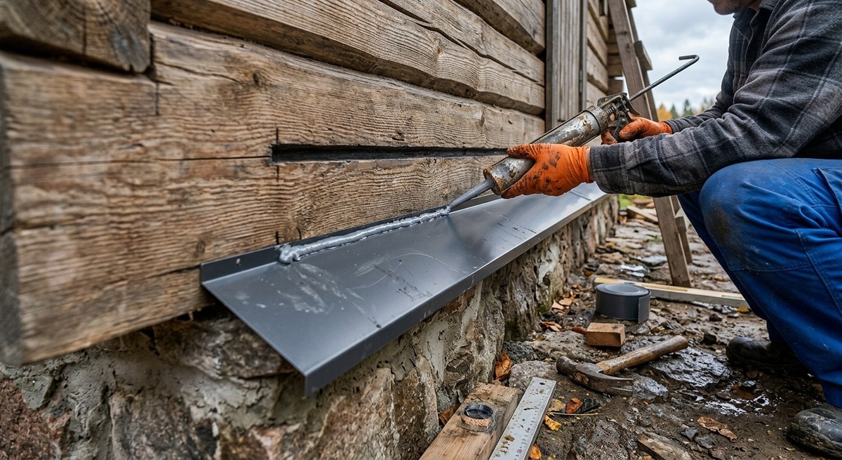 Процесс зачистки гнилого нижнего венца бани: мужчина с болгаркой снимает черный налет с древесины.
