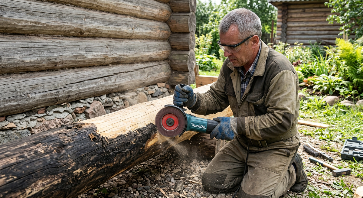 Чернеющий нижний венец деревянной бани весной, влажная и гниющая древесина 