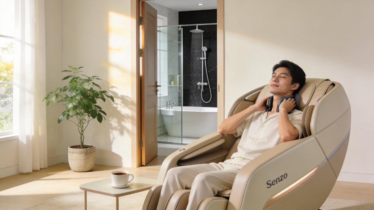 Весенний ритуал пробуждения: контрастный душ и 10 минут массажа шеи и поясницы в кресле Senzo запускают день без лишнего кофеинового стресса