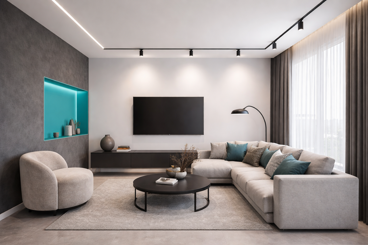 Натяжной потолок усиливает интерьер только тогда, когда свет, трековая система и геометрия комнаты собраны как единое решение, а не как набор отдельных элементов.