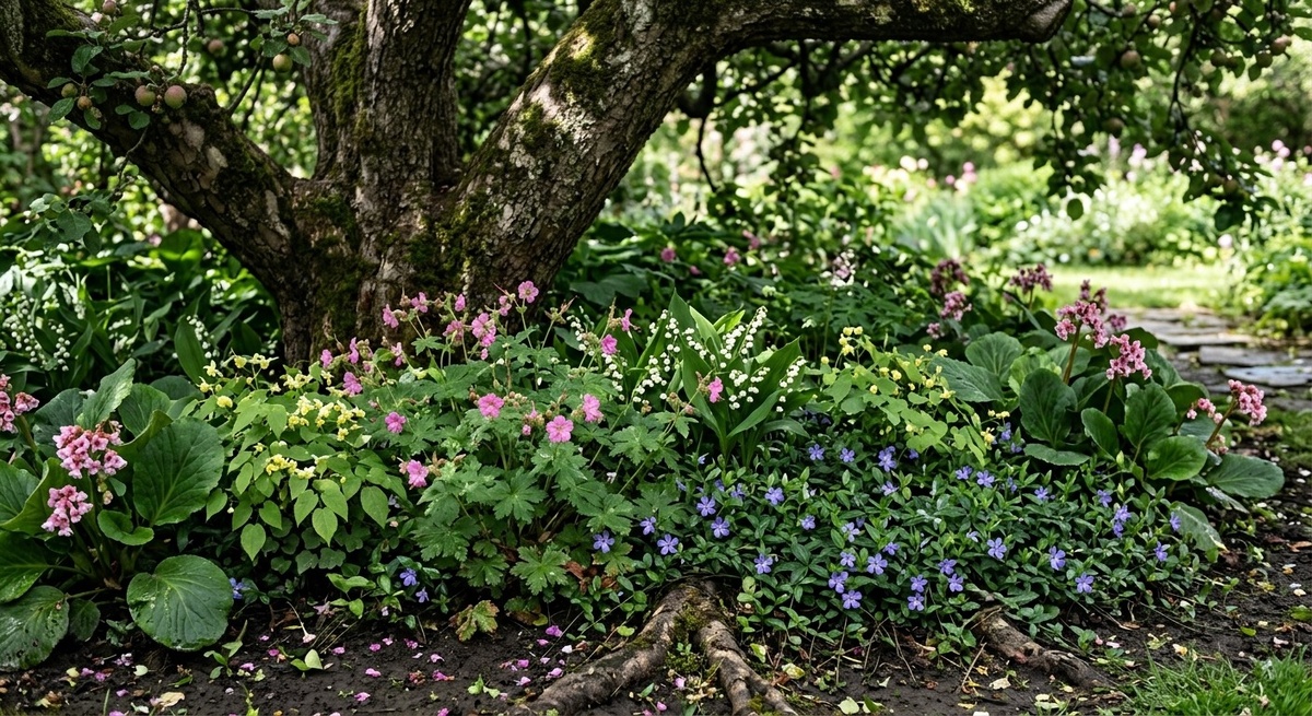Роскошный теневой миксбордер под старой яблоней с геранью, купеной, баданом, горянкой и барвинком, создающий зеленый ковер.