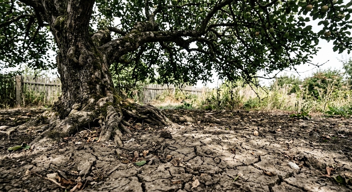 Унылая голая земля под раскидистой старой яблоней на дачном участке, похожая на лунный ландшафт.