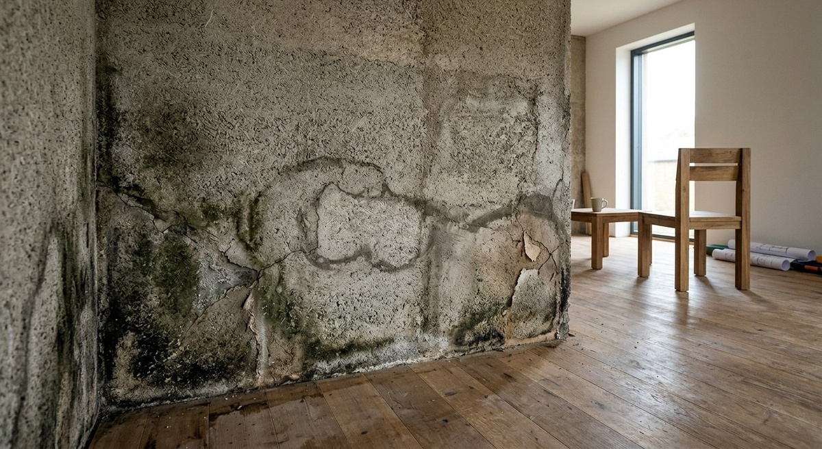 Разрушенная стена дома из костробетона с черной плесенью в углах из-за ошибок в пропорциях смеси