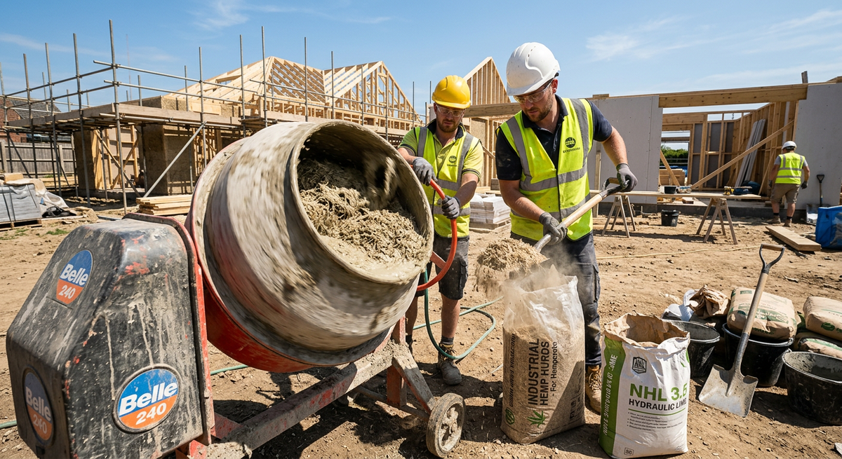 Процесс приготовления смеси костробетона: рубленая конопляная костра, цемент, песок и вода в бетономешалке на стройплощадке