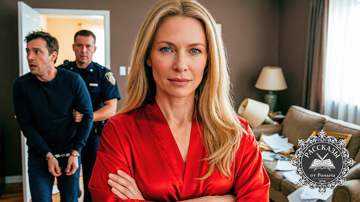 Женщина, светлый блонд, голубые глаза, в ярко-красном шелковом халате стоит посреди разгромленной комнаты, сложив руки на груди. На заднем плане полицейский уводит мужчину в наручниках, который оглядывается с выражением шока.