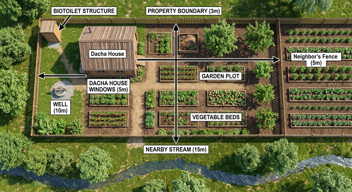 Схема размещения биотуалета на дачном участке с обязательными отступами от воды, дома и забора