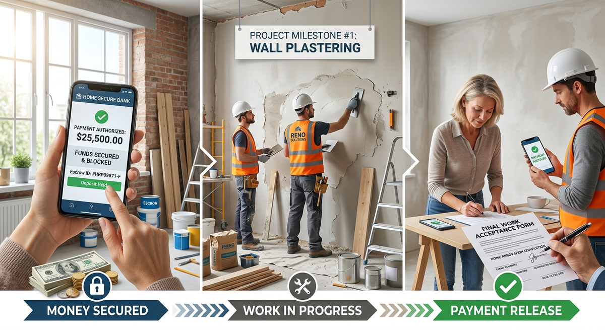 Процесс безопасной сделки: деньги блокируются в банке, мастера работают по этапам и получают оплату после проверки.