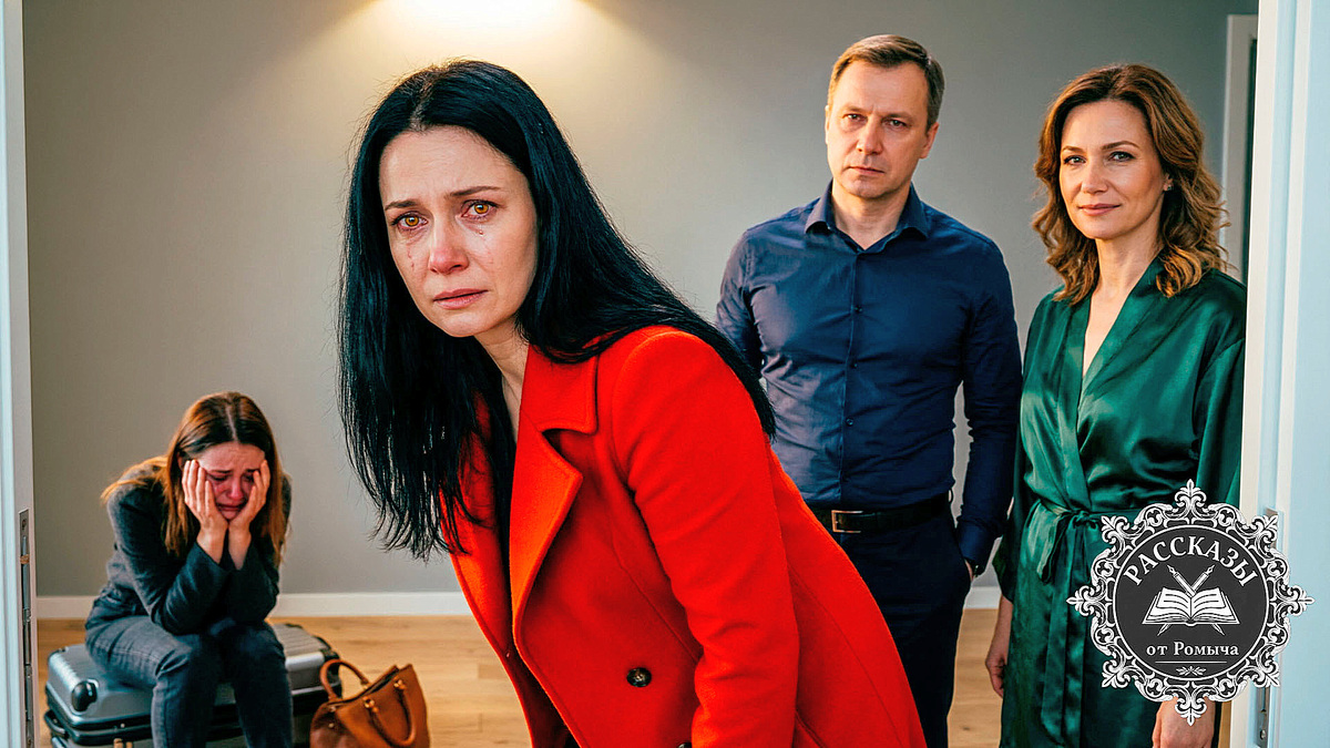 Женщина с черными волосами и янтарными глазами, в ярко-красном пальто, стоит в дверях квартиры. На заднем плане мужчина в дорогой рубашке и женщина в шелковом халате торжествующе смотрят на плачущую женщину, сидящую на сумках.