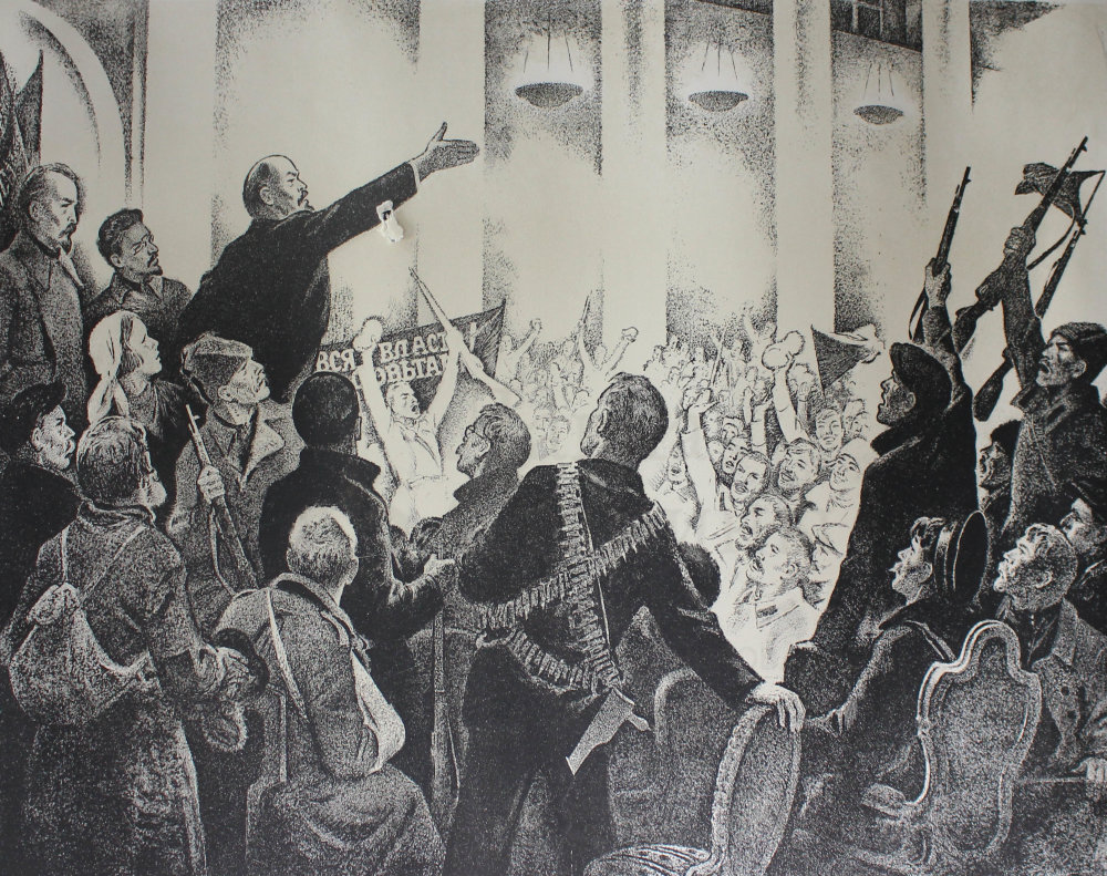 Линогравюра «Владимир Ильич Ленин провозглашает советскую власть», художник В. Щеглов, бумага, 1974 г. Фото с ашего сайта dvaveka.ru