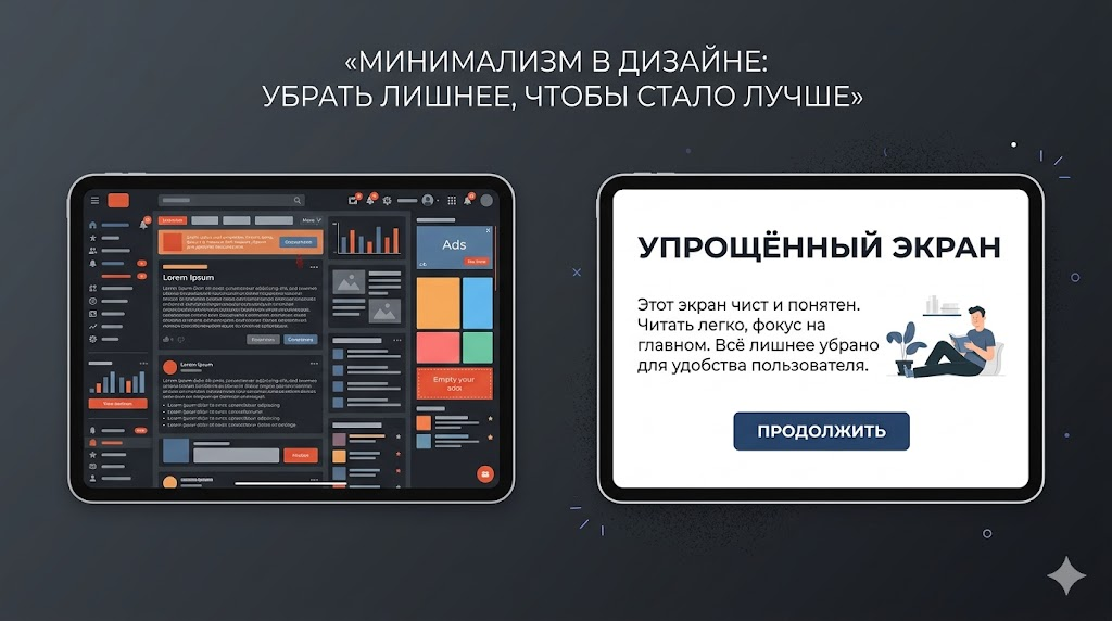 Сравнение «до/после»: слева — загромождённый экран, справа — чистый интерфейс, где пользователь видит главное с первой секунды