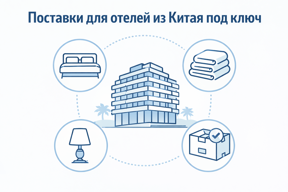 Поставки товаров для отелей и гостиниц из Китая под ключ: мебель, текстиль, оборудование, декор, оснащение номеров, доставка и контроль качества.