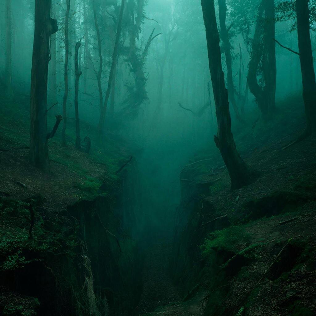 Густой, неестественно плотный туман в старом парке, сквозь который проступают пугающие, нечеловеческие силуэты.