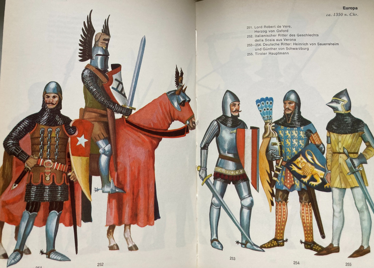 ок. 1359 г. слева направо: лорд Роберт де Вере (Оксфорд), итальянский рыцарь (Верона), немецкий рыцарь Генрих фон Зауэншайн, немецкий рыцарь Гюнтер фон Шварцбург, руководитель Тироля