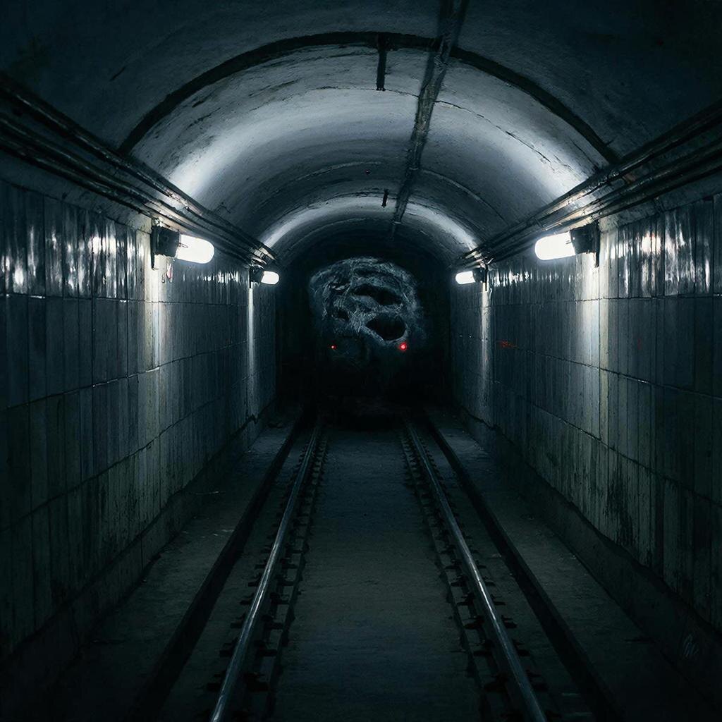 Мрачный, бесконечный туннель метро, уходящий во тьму. 