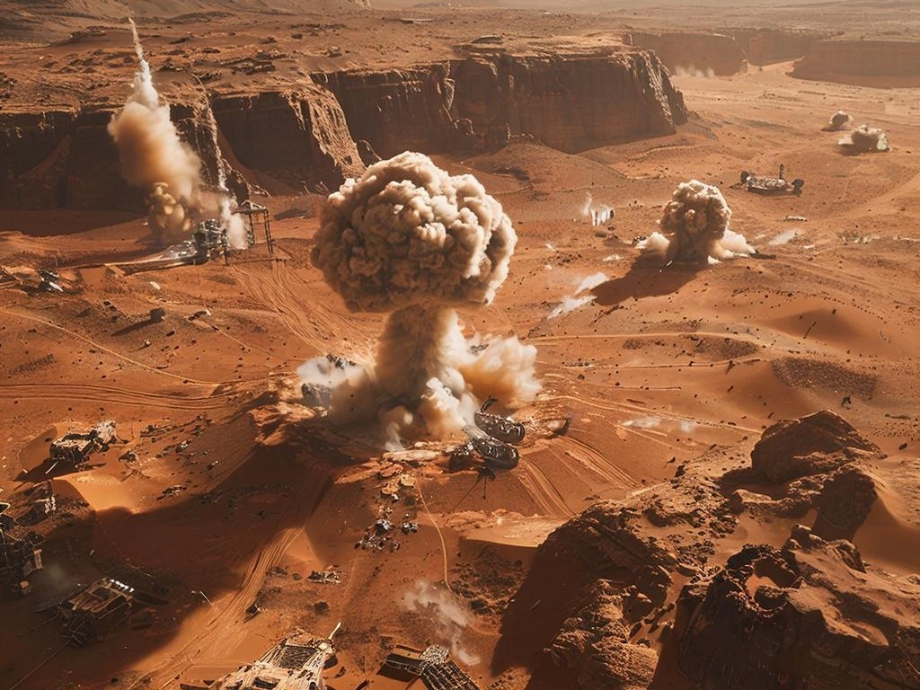 профессор Джон Бранденбург предположил, что на Марсе в древности произошёл термоядерный взрыв — возможно, результат ядерной войны между цивилизациями или атаки извне. По его мнению, красный цвет планеты и некоторые химические аномалии могут быть следствием этого события 
Аргументы сторонников:
Повышенное содержание ксенона-129, тория и радиоактивного калия на поверхности и в атмосфере Марса.
Присутствие следов тринитита (радиоактивного стекла), аналогичного образующемуся при ядерных взрывах на Земле.
Некоторые геологические формации и «артефакты» на снимках марсоходов трактуются как возможные следы разрушенных сооружений