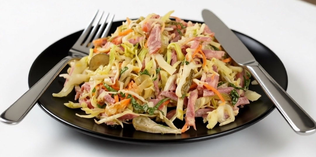 Салат с капустой, ветчиной и сыром