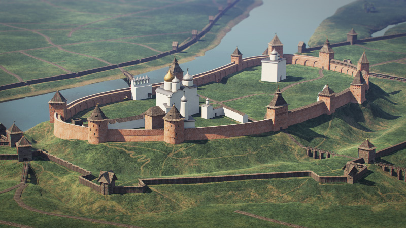 Супер-детинец, малый земляной город и башни, деревянные стены  окольного города Великого Новгорода (макет, Новгородский музей-заповедник)