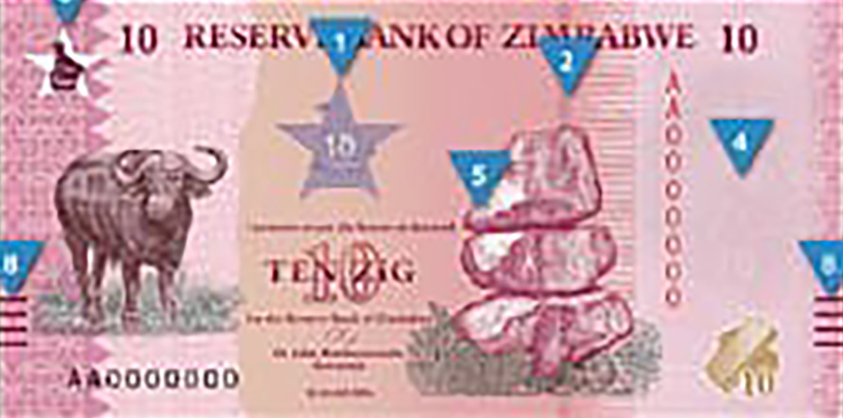 Лицевая сторона (аверс) банкноты 10 зимбабвийских золотых серии 2026 г.