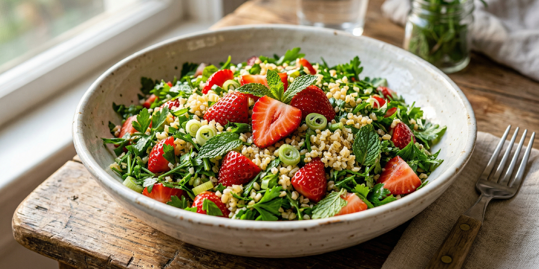 Весенний табуле с молодой зеленью и клубникой вместо помидоров — неожиданное сочетание, которое работает