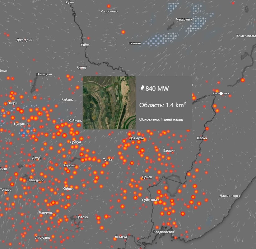 Спутниковые данные с термоточками в Китае.