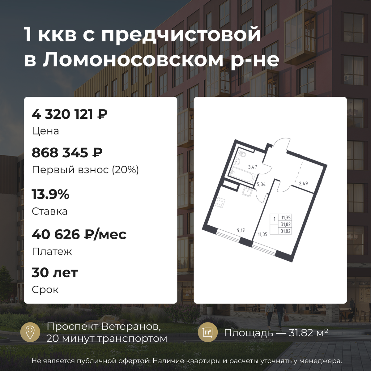 Не является публичной офертой. Наличие квартир, расчеты и условия актуальны на момент публикации.
