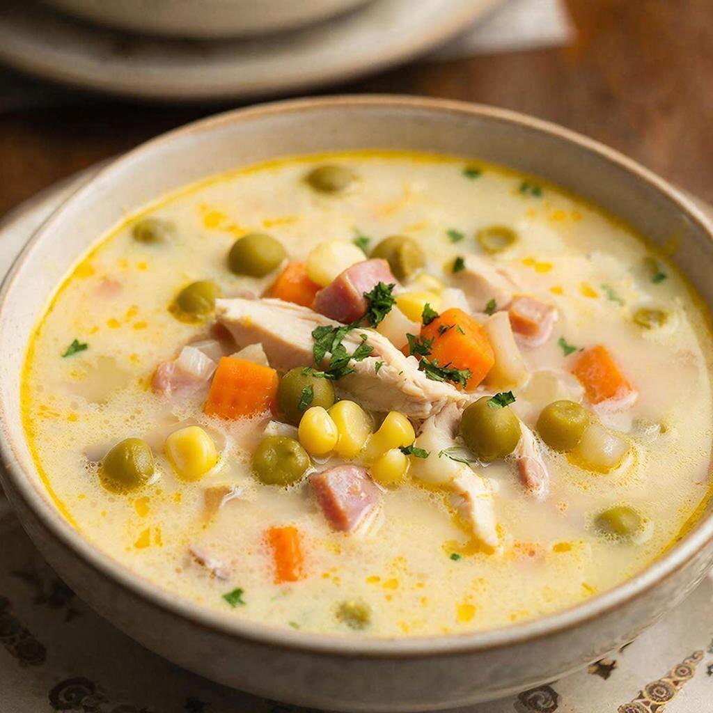 Суп с консервированным горошком, кукурузой и плавленым сыром