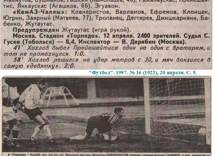 Хохлов свой третий гол забил головой – мяч попал в сетку от штанги, а точку поставил Камольцев, пробивший с полуоборота. 1997 год, 16 апреля