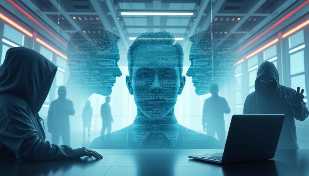    Футуристический цифровой пейзаж с изображением различных методов мошенничества в интернете, таких как технологии дипфейков.