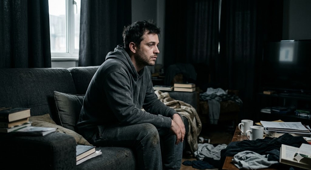 Человек чувствует апатию, ничего не хочет. Вкус к жизни пропал. Тяжело подняться с постели. Забывает, что это такое - чувствовать радость. Все это продолжается больше месяца. 