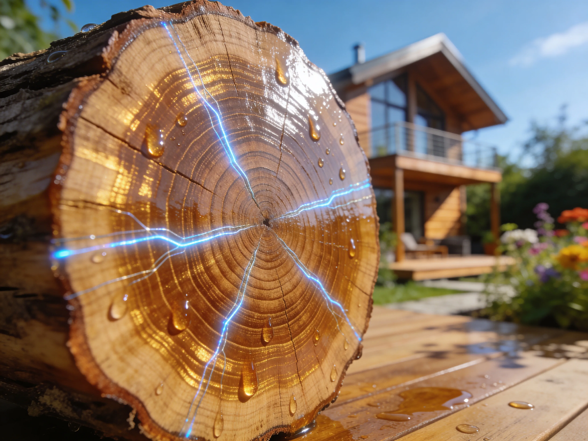 Срез дерева с годовыми кольцами создаёт ощущение натуральности и тепла. Светящиеся голубоватые нанонити визуально объясняют технологию без лишних слов. Капли воды, скатывающиеся с поверхности, демонстрируют главное свойство — водостойкость. Тёплые золотистые тона, солнце и зелень создают оптимистичное, экологичное настроение. Идеально для привлечения внимания в ленте Дзена.