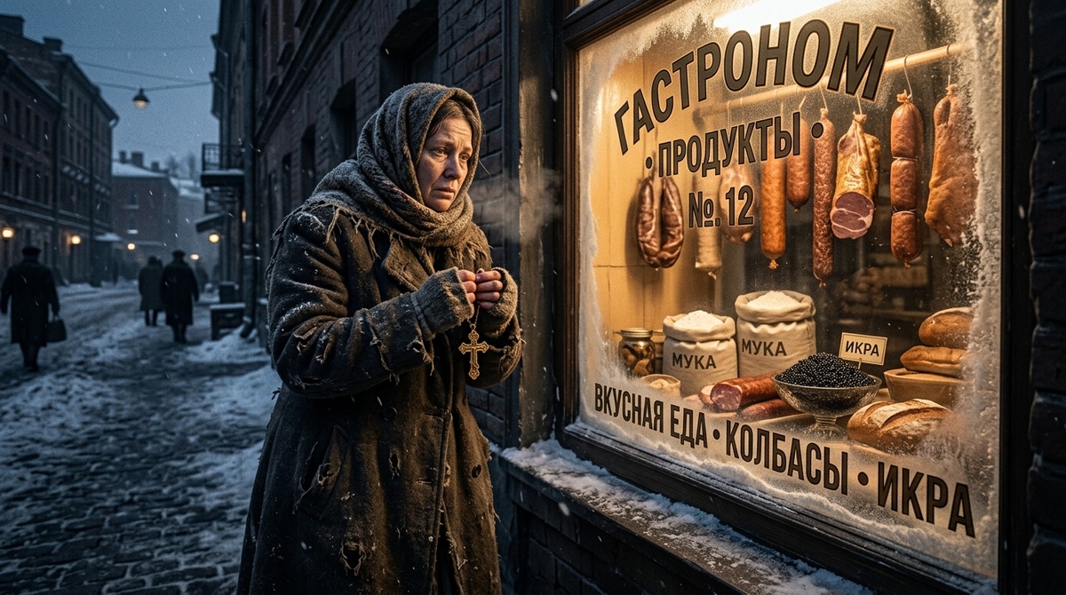 Женщина с крестиком у витрины Торгсина