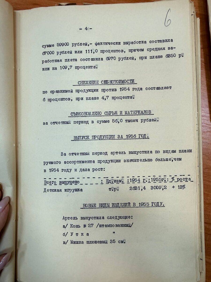 На 4-5 страницах документа указан перечень изделий, выпущенных в 1955 году. Пункт г - елочные украшения в комплекте.
