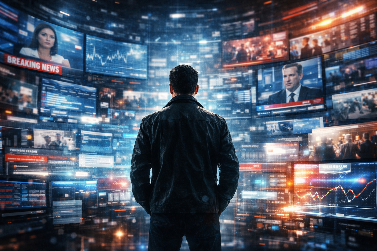 Современный человек стоит в центре гигантского цифрового пространства, вокруг него экраны, новостные ленты, графики, всплывающие заголовки, лица телеведущих, социальные сети, потоки текста и света. Всё выглядит как изобилие информации, но в воздухе ощущается тревожная перегрузка и скрытый хаос. Атмосфера интеллектуального давления, дезориентации и поиска истины. 