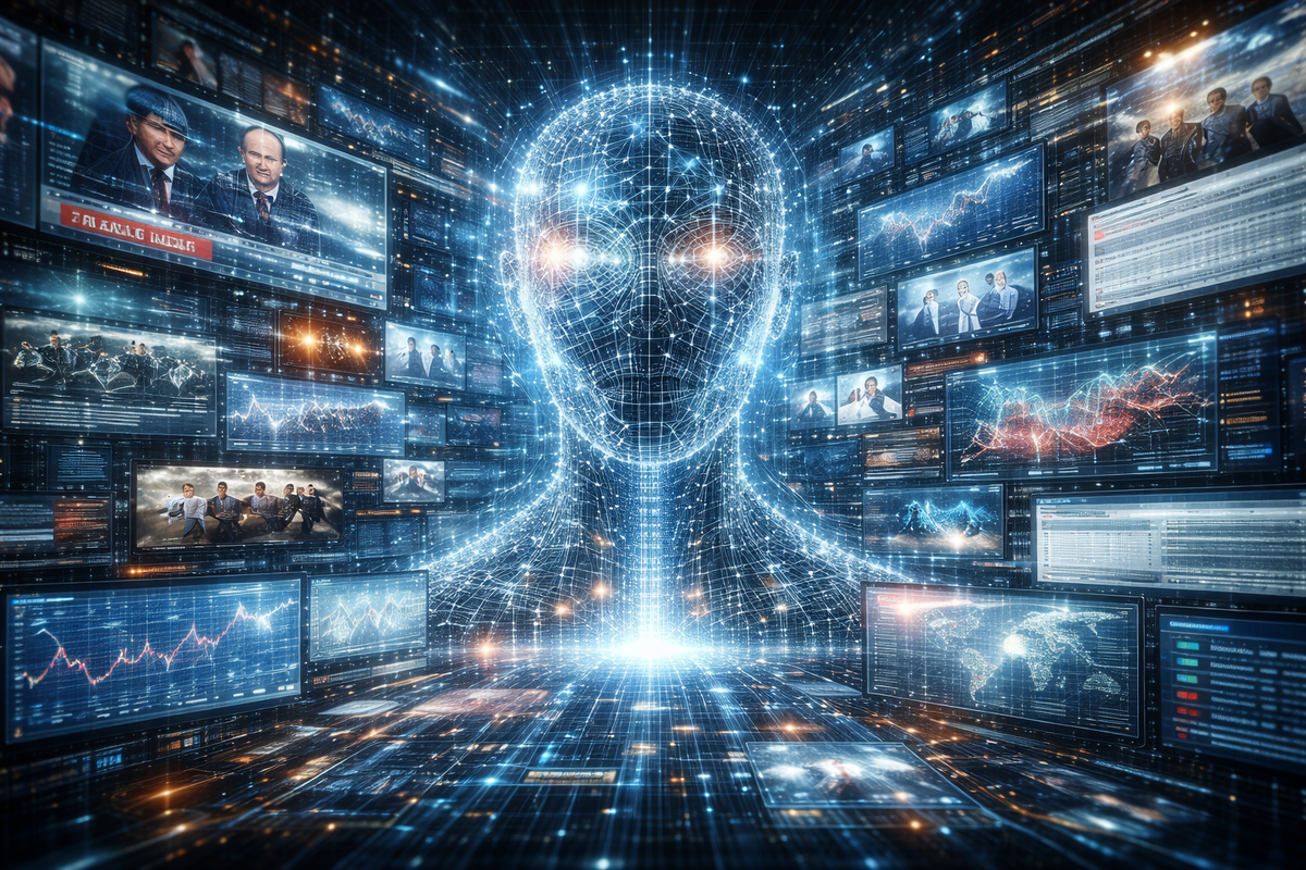 Огромная высокотехнологичная нейросеть или цифровой интеллект в виде сложной светящейся структуры анализирует тысячи экранов и документов одновременно. На части экранов — новости, на других — официальные заявления, графики, карты, архивы, лица политиков. Визуально чувствуется, что машина сопоставляет не мир, а его многочисленные описания. Атмосфера холодного сверхразума, аналитической мощи и скрытой опасности. 