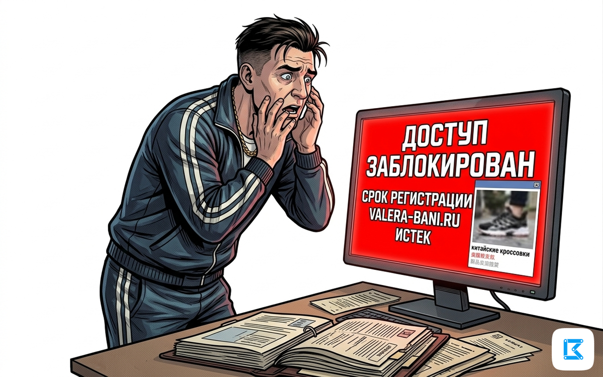 Мужчина в спортивном костюме в панике хватается за голову перед монитором компьютера. На экране крупная красная надпись «ДОСТУП ЗАБЛОКИРОВАН» и реклама кроссовок на месте его сайта.