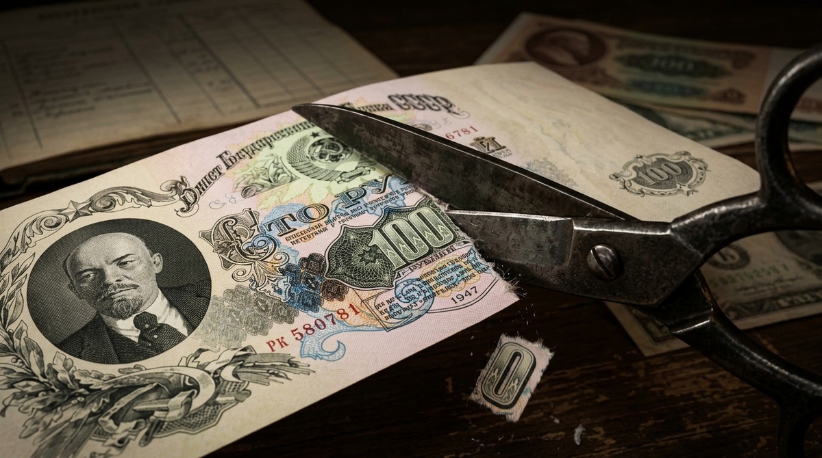 Ножницы отрезают последний ноль от крупной советской купюры